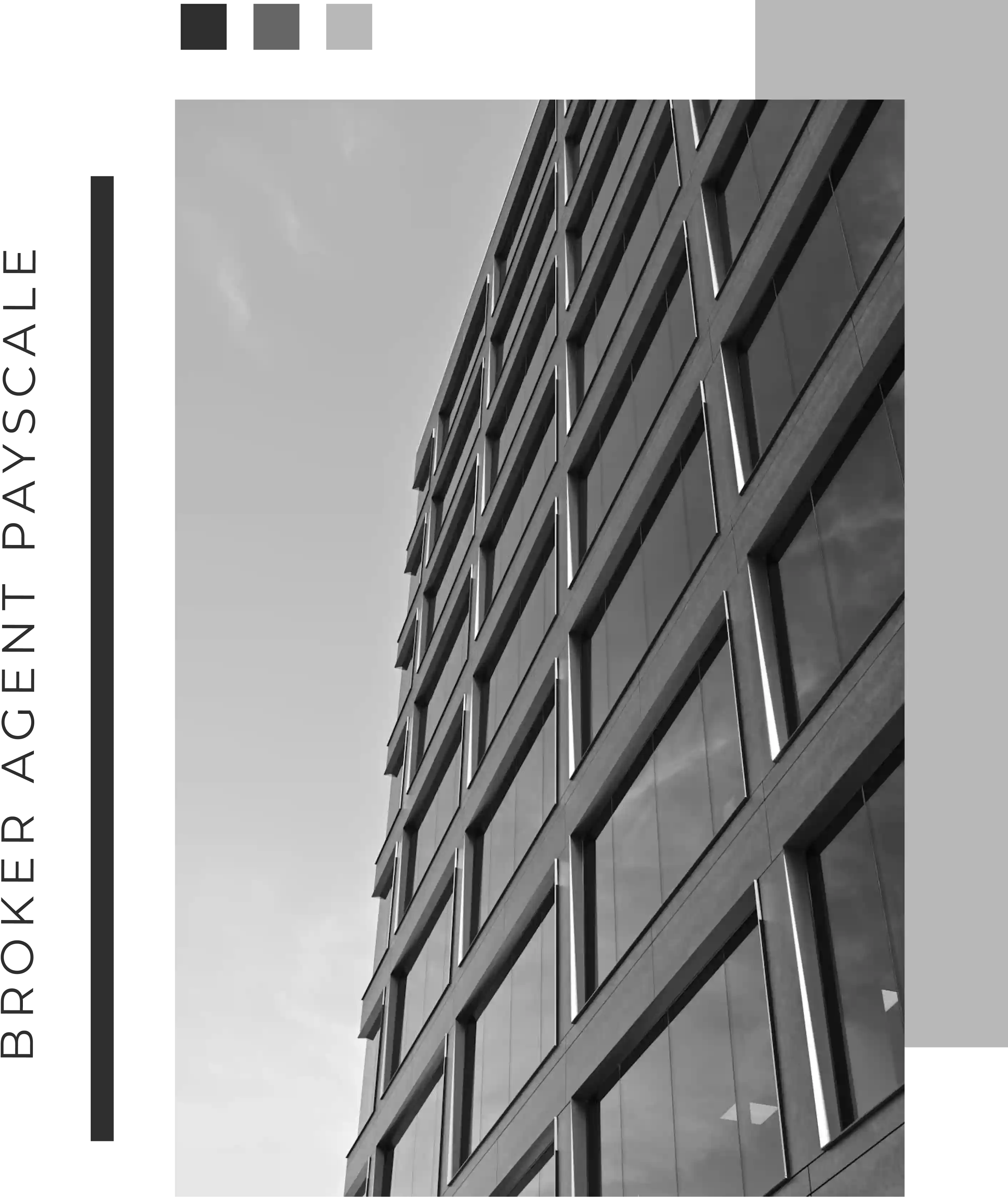 Black and white image of a modern glass building shot from a low angle. The design is sleek and geometric, bordered by abstract graphic elements.