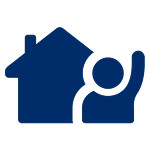Consulting 3 Blue silhouette of a person waving beside a house on a black background. The icon suggests themes of home and welcoming community-Homebuyer-Wallet-by-Kameron-Kang