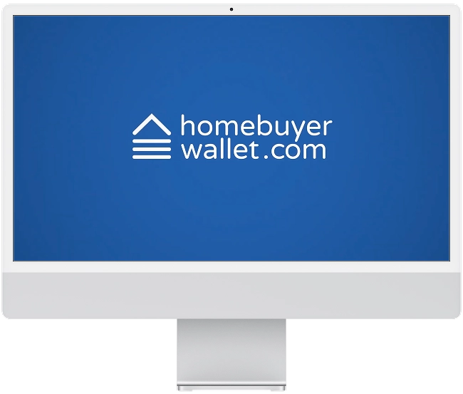 A monitor displays a blue screen with the white logo of a stylized roof and parallel lines. Text reads "homebuyerwallet.com" in a clean font, suggesting professionalism-Homebuyer-Wallet-by-Kameron-Kang